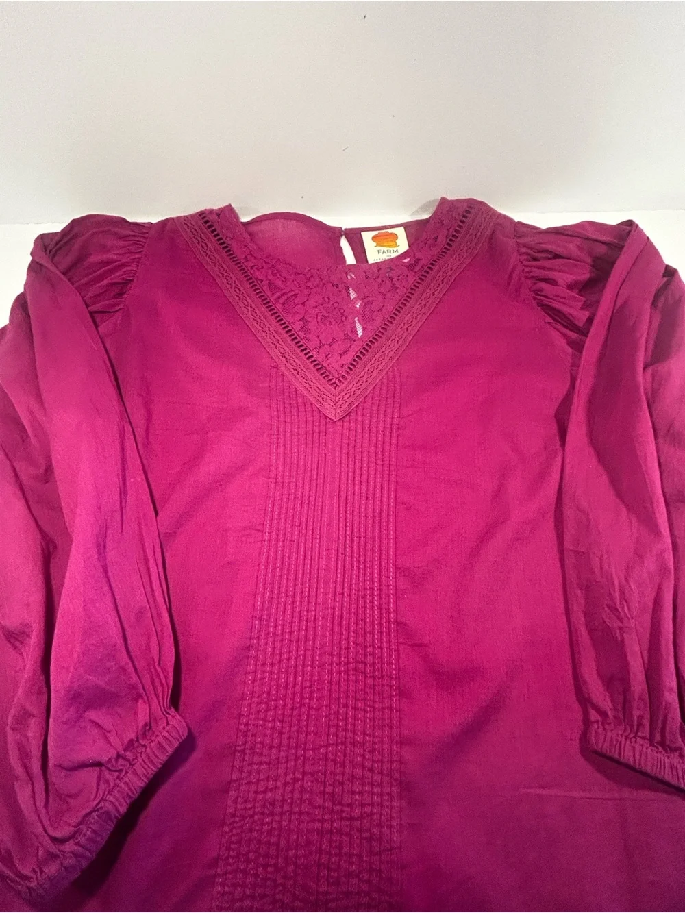 FARM Rio x Anthropologie Kelsie Blouse M Magenta Lace Puff Sleeve Cotton